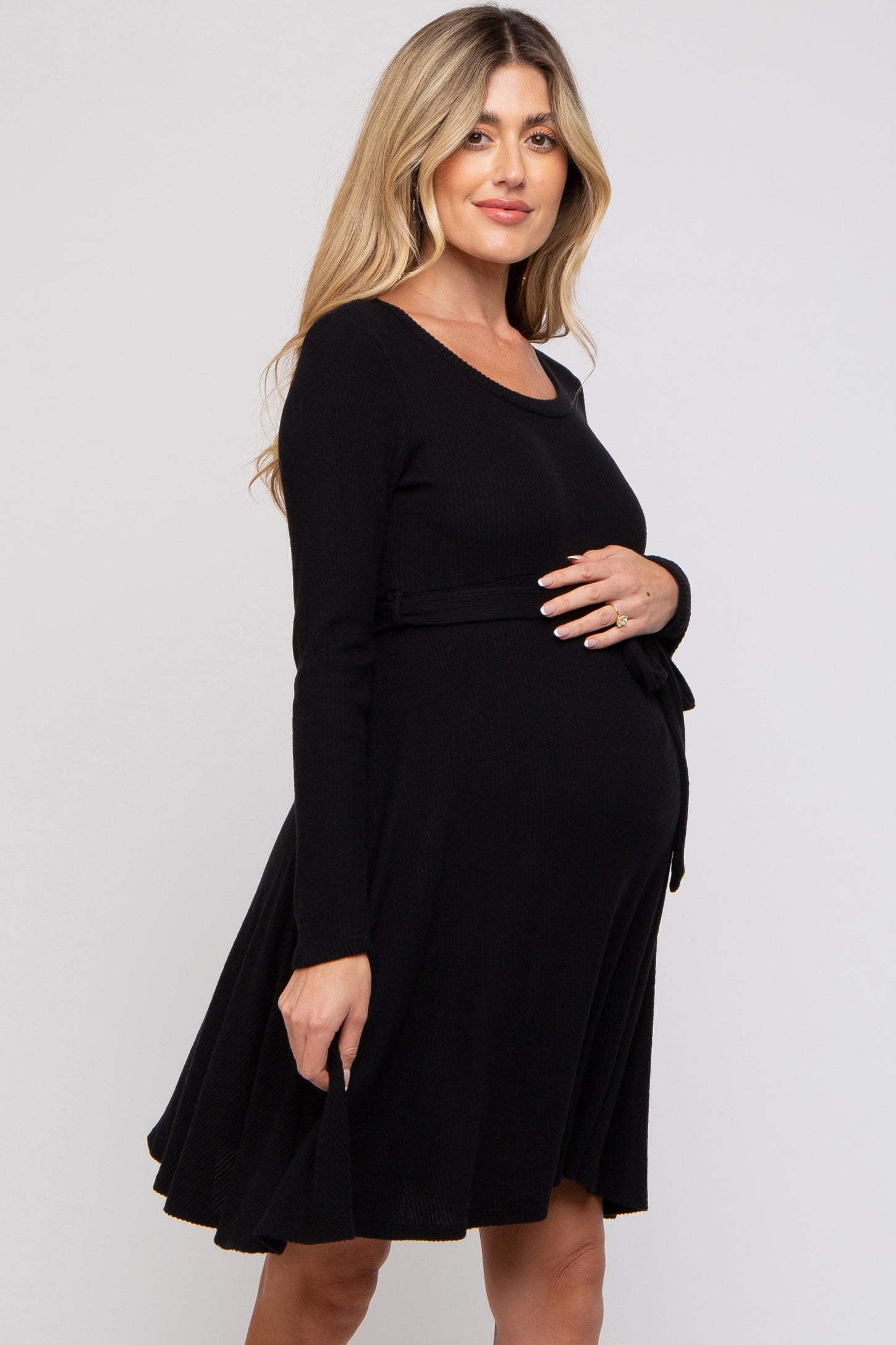 Black Soft Rib Knit Sash Tie Maternity Dress PinkBlush Black Soft Rib Knit Sash Tie Maternity Dress PinkBlush
