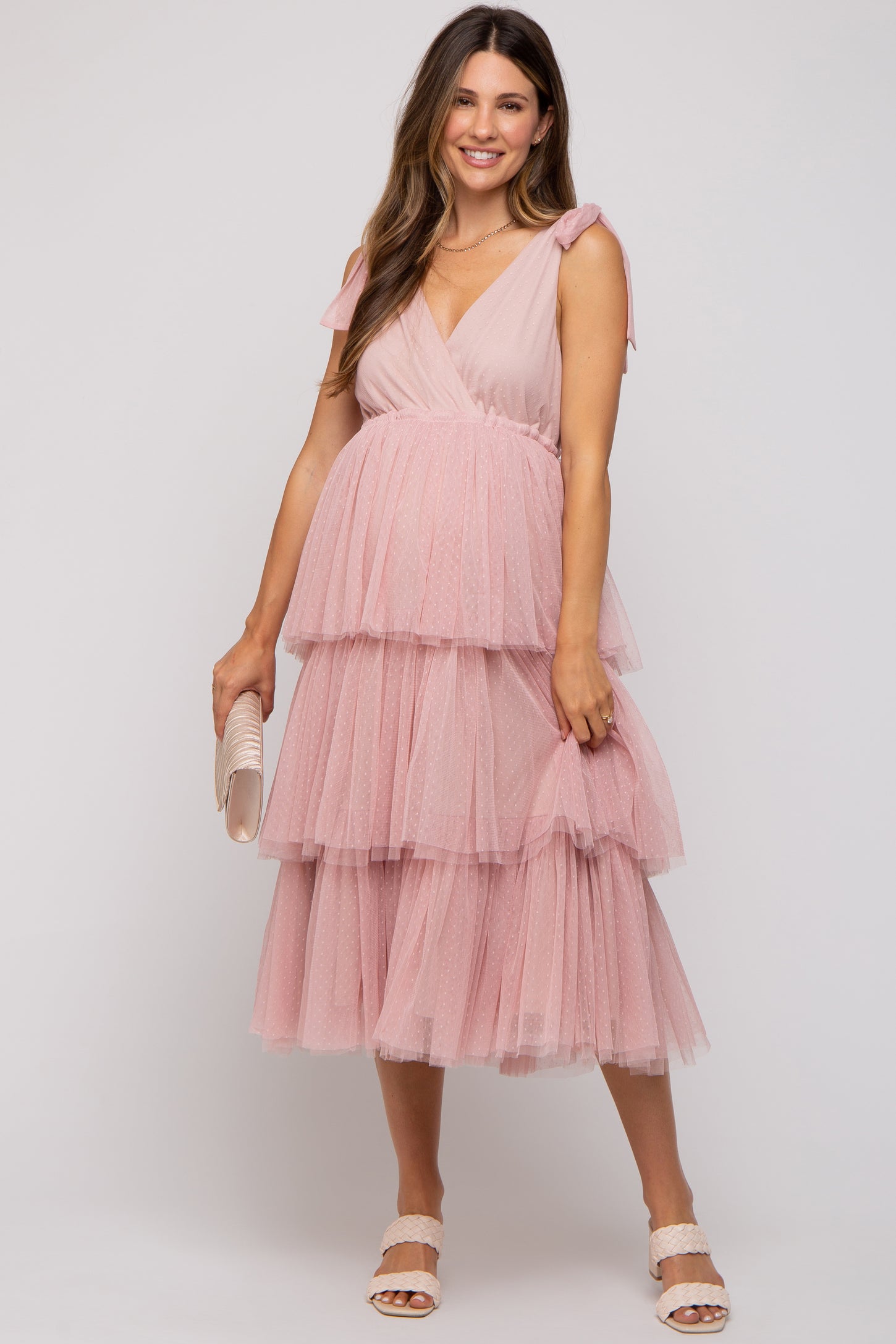 Pink Sleeveless Tiered Tie Strap Tulle Maternity Midi Dress– PinkBlush