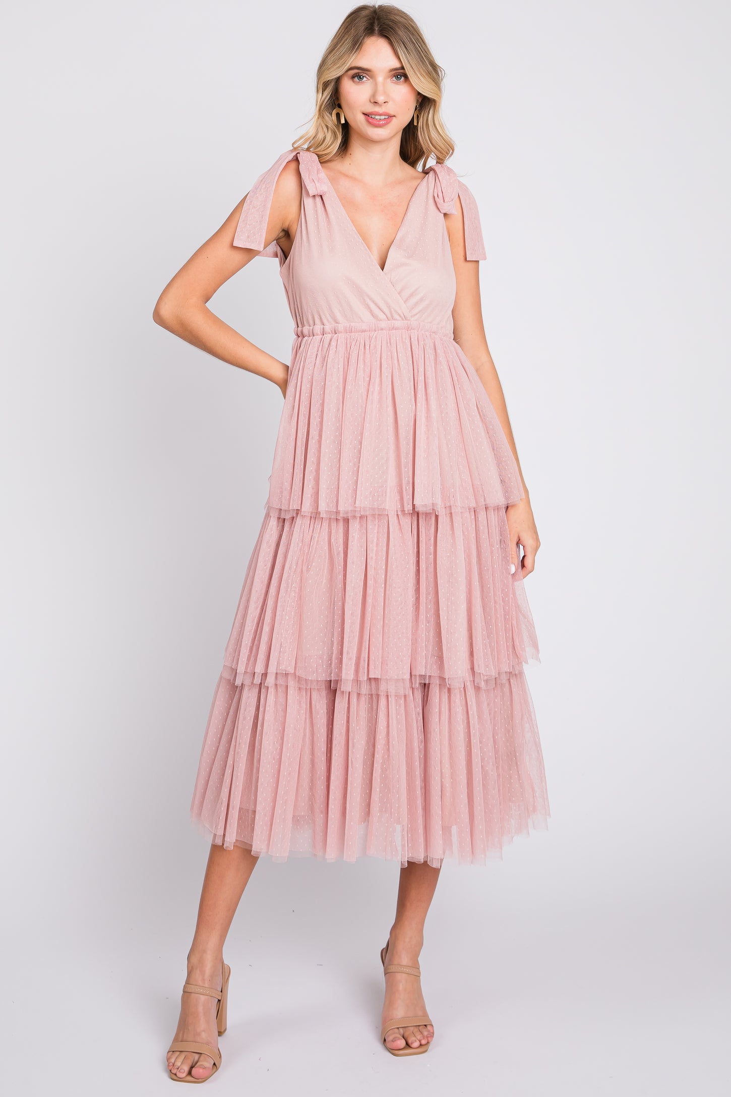 tiered tulle midi dress Pinkblush Light Pink Smocked Tiered Tulle Maternity Midi Dress Small