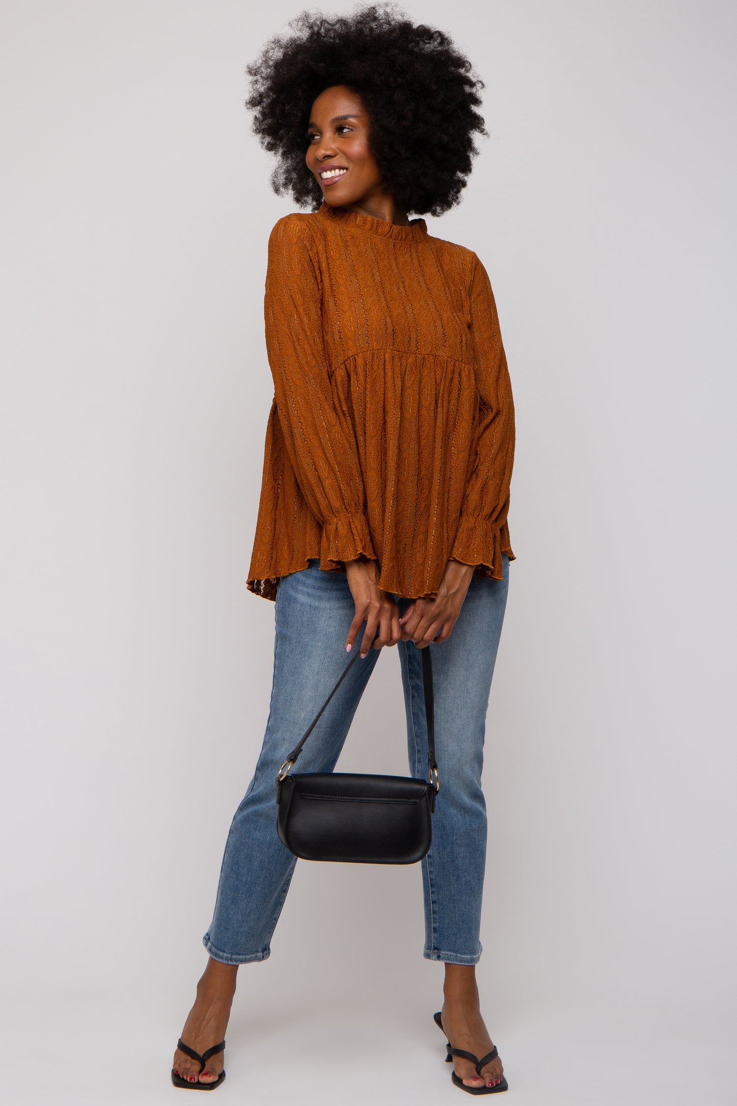 Camel Lace Ruffled Neck Maternity Top