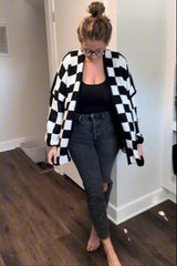 Black Checkered Print Oversized Cardigan