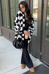 Black Checkered Print Oversized Cardigan