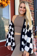 Black Checkered Print Oversized Cardigan