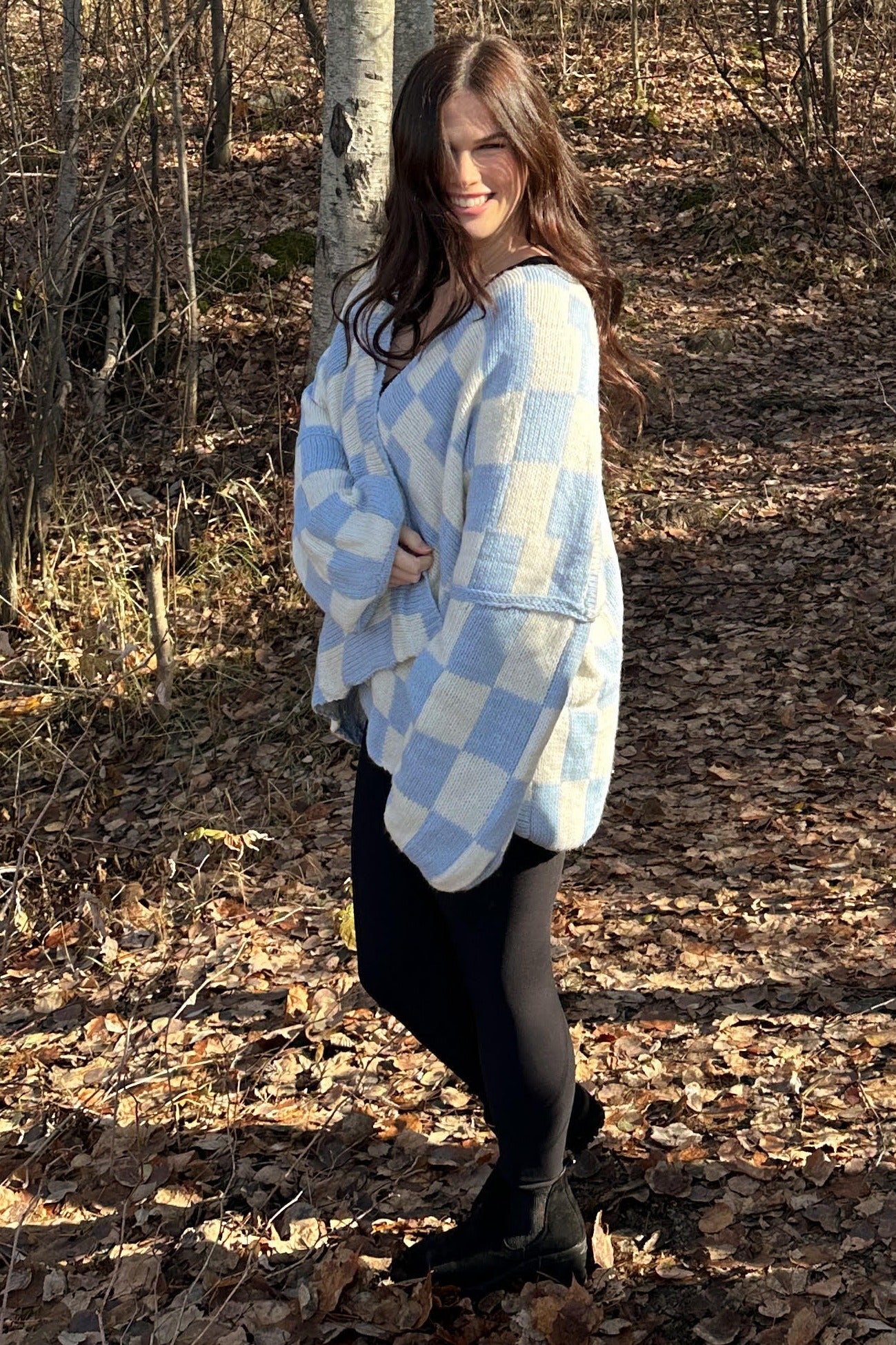 Light Blue Checkered Print Oversized Cardigan – PinkBlush