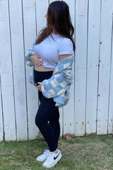 Light Blue Checkered Print Oversized Maternity Cardigan