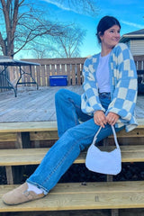 Light Blue Checkered Print Oversized Cardigan