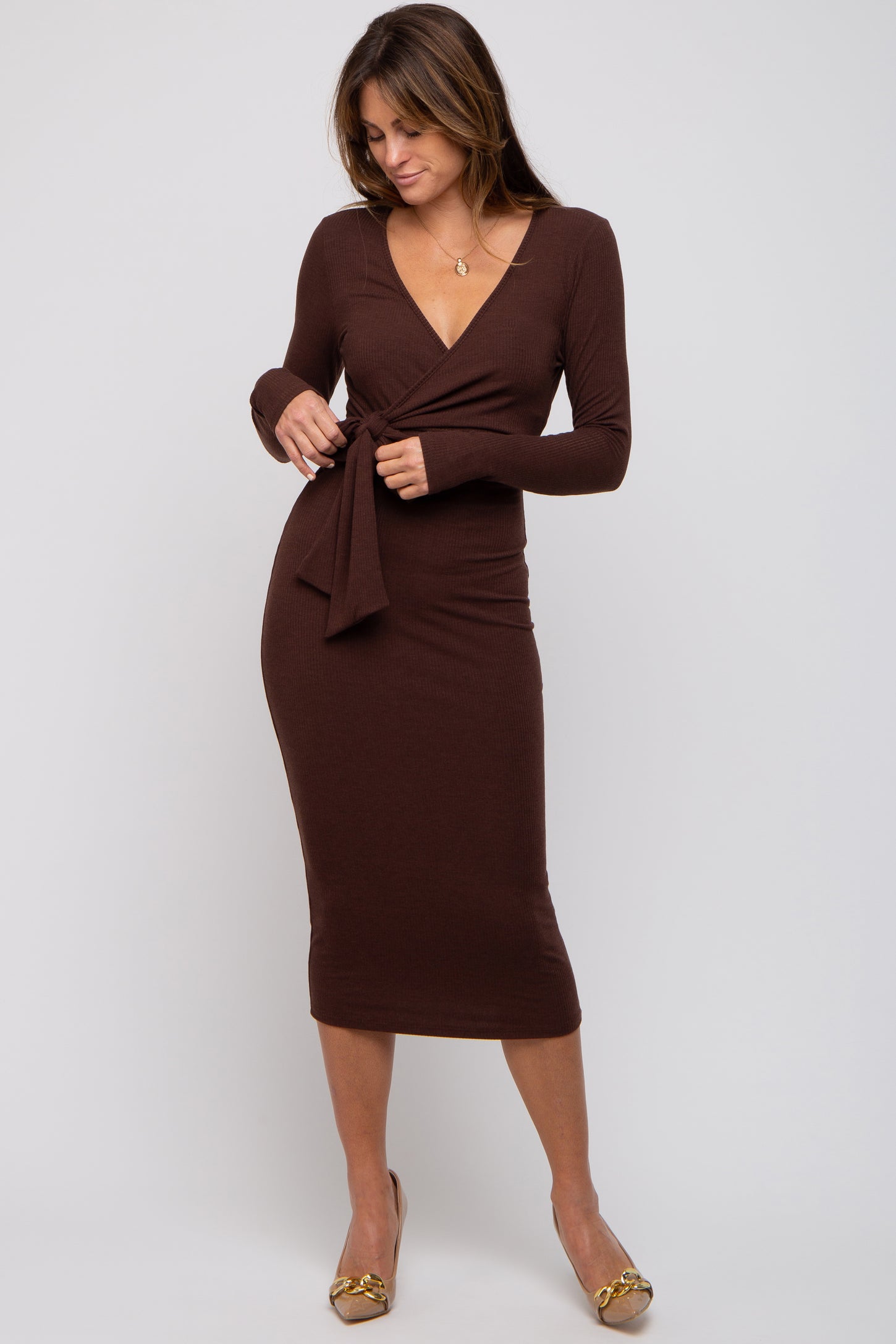 Brown Ribbed Long Sleeve V-Neck Wrap Midi Dress