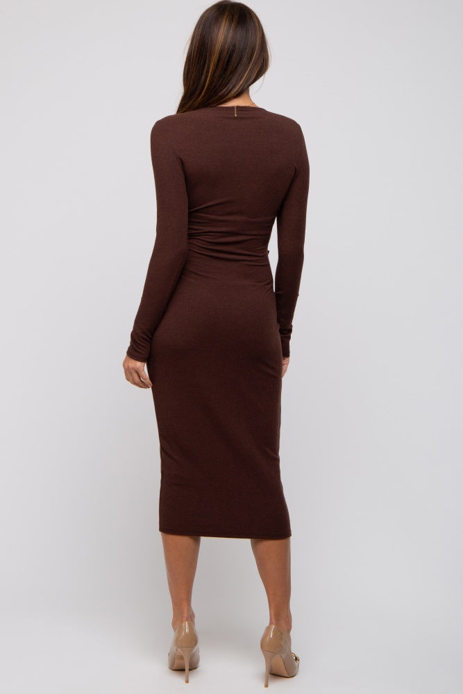 Brown Ribbed Long Sleeve Wrap Dress Brown Ribbed Long Sleeve Wrap Dress