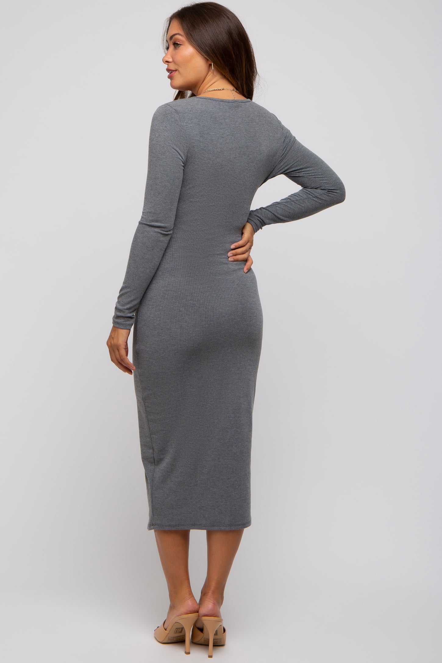 grey ribbed maternity dress Heather Grey Ribbed Knit Fitted V-Neck Maternity Midi Dress PinkBlush