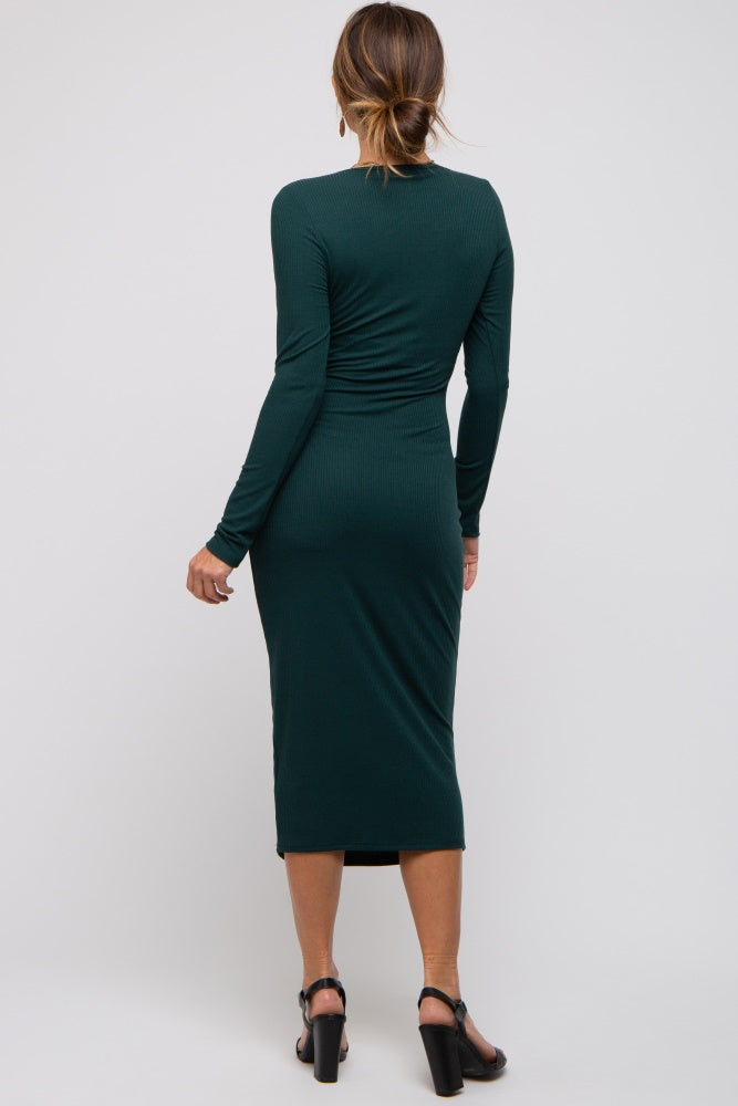 green ribbed dress long sleeve Forest Green Ribbed Long Sleeve Wrap Dress