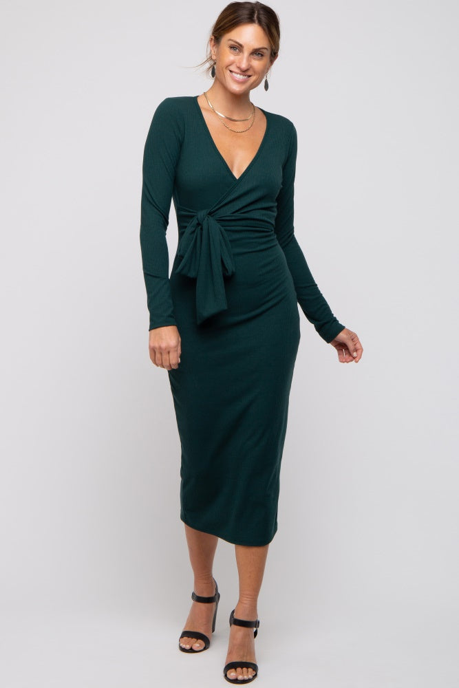 green ribbed dress long sleeve Green Ribbed Long Sleeve Midi Dress