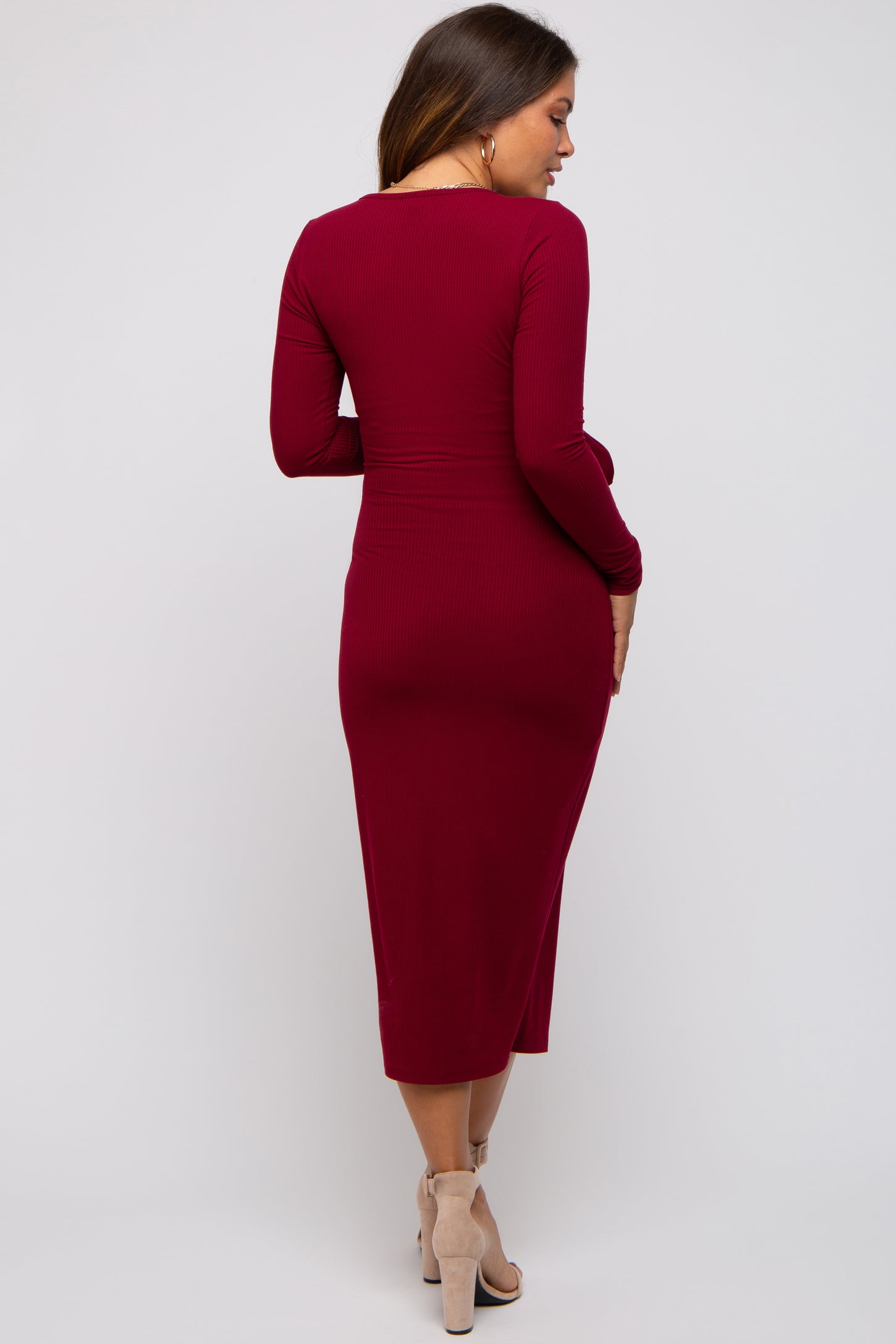 Burgundy Ribbed Long Sleeve Maternity Wrap Dress PinkBlush Burgundy Ribbed Long Sleeve Maternity Wrap Dress PinkBlush