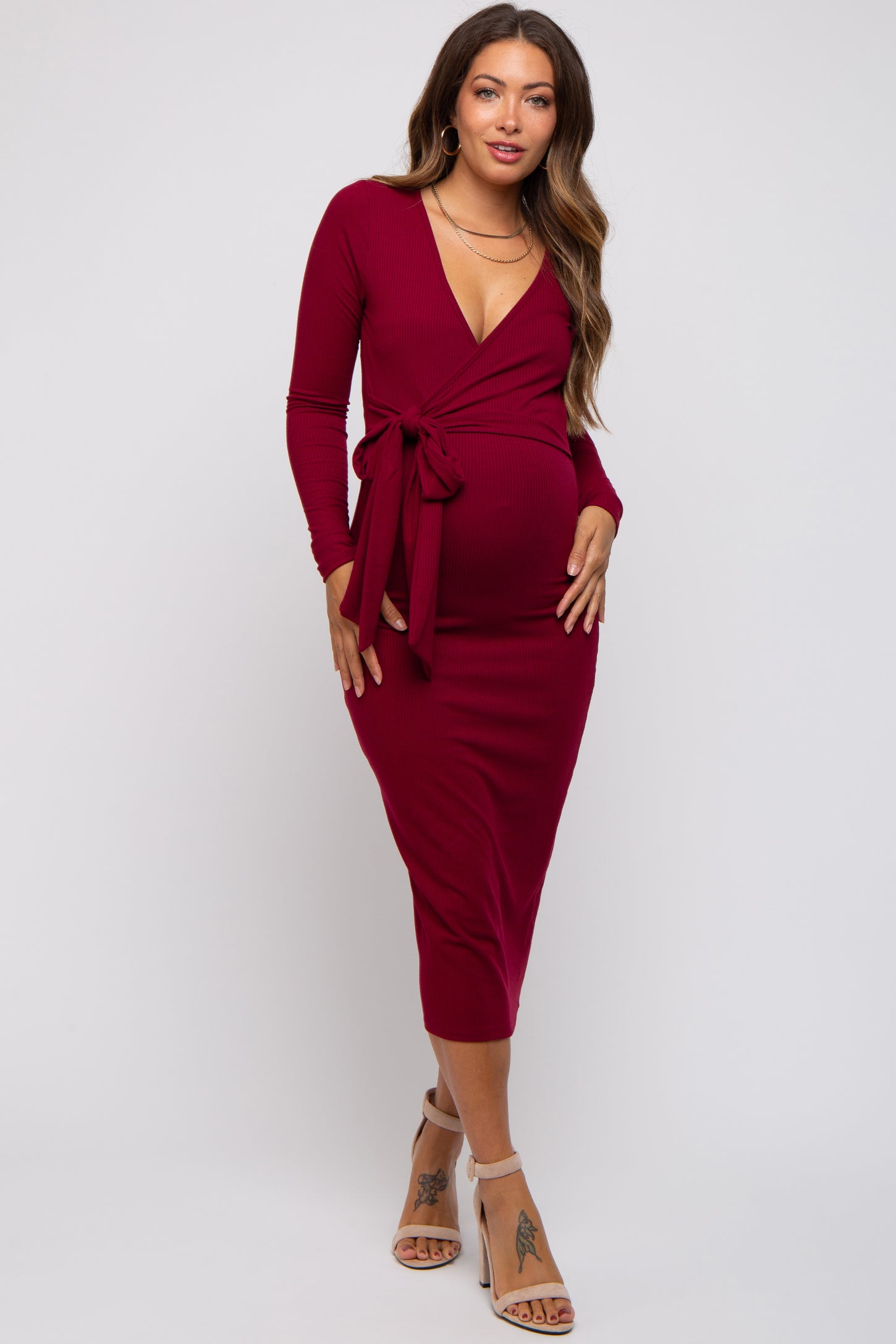 Burgundy Ribbed Long Sleeve Maternity Wrap Dress – PinkBlush