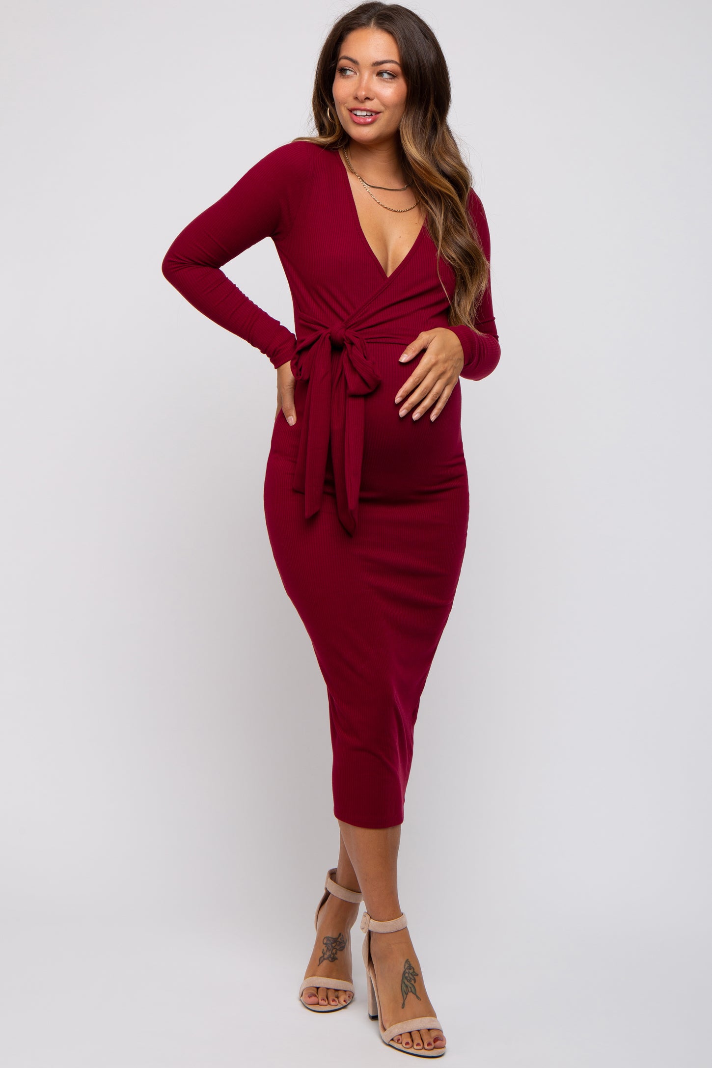 Burgundy Ribbed Long Sleeve Maternity Wrap Dress PinkBlush Burgundy Ribbed Long Sleeve Maternity Wrap Dress PinkBlush