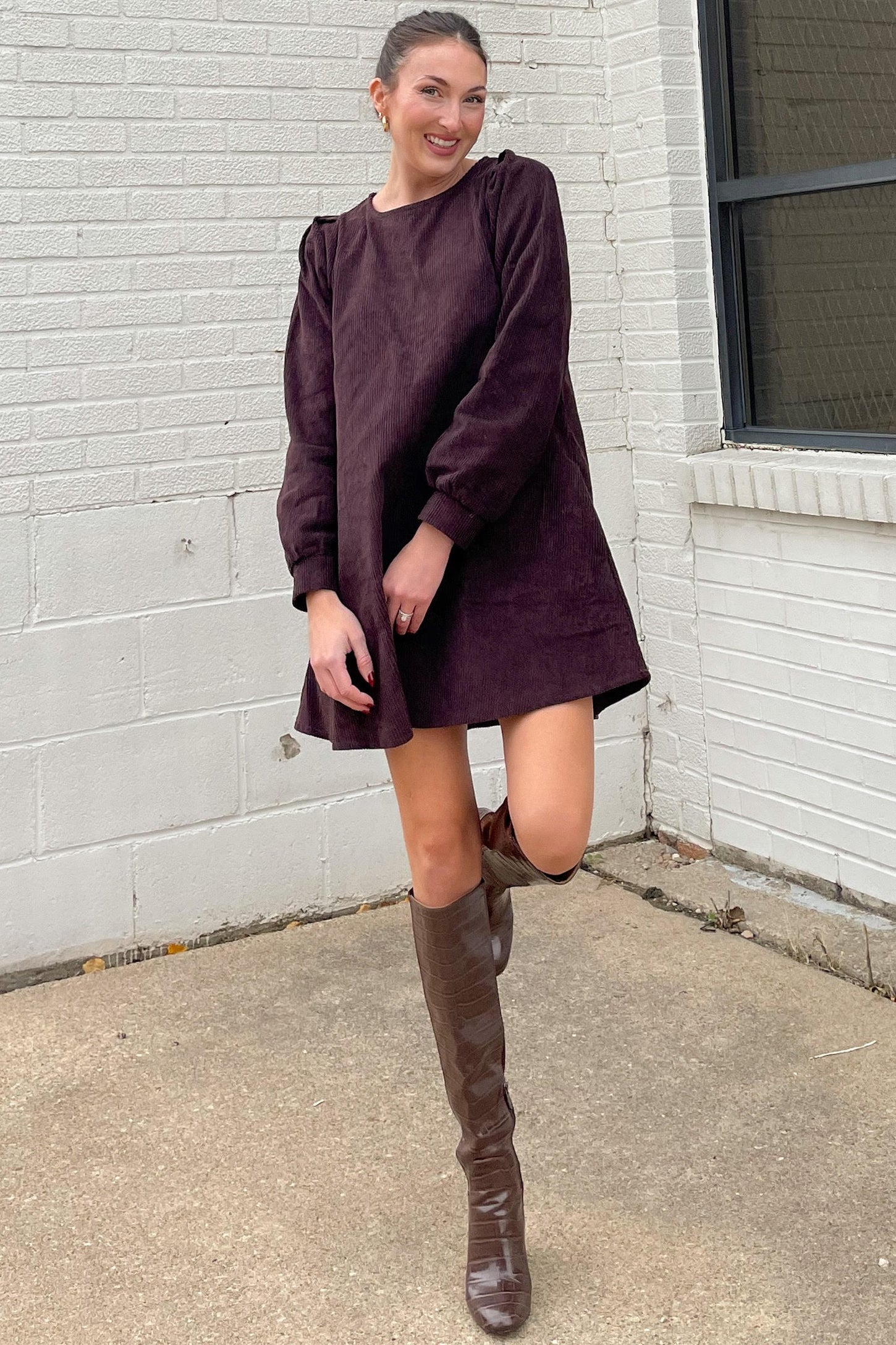 dark brown corduroy dress Aspiga Ladies Sustainable Stema Mini Cotton Corduroy Mini Dress Chocolate Brown