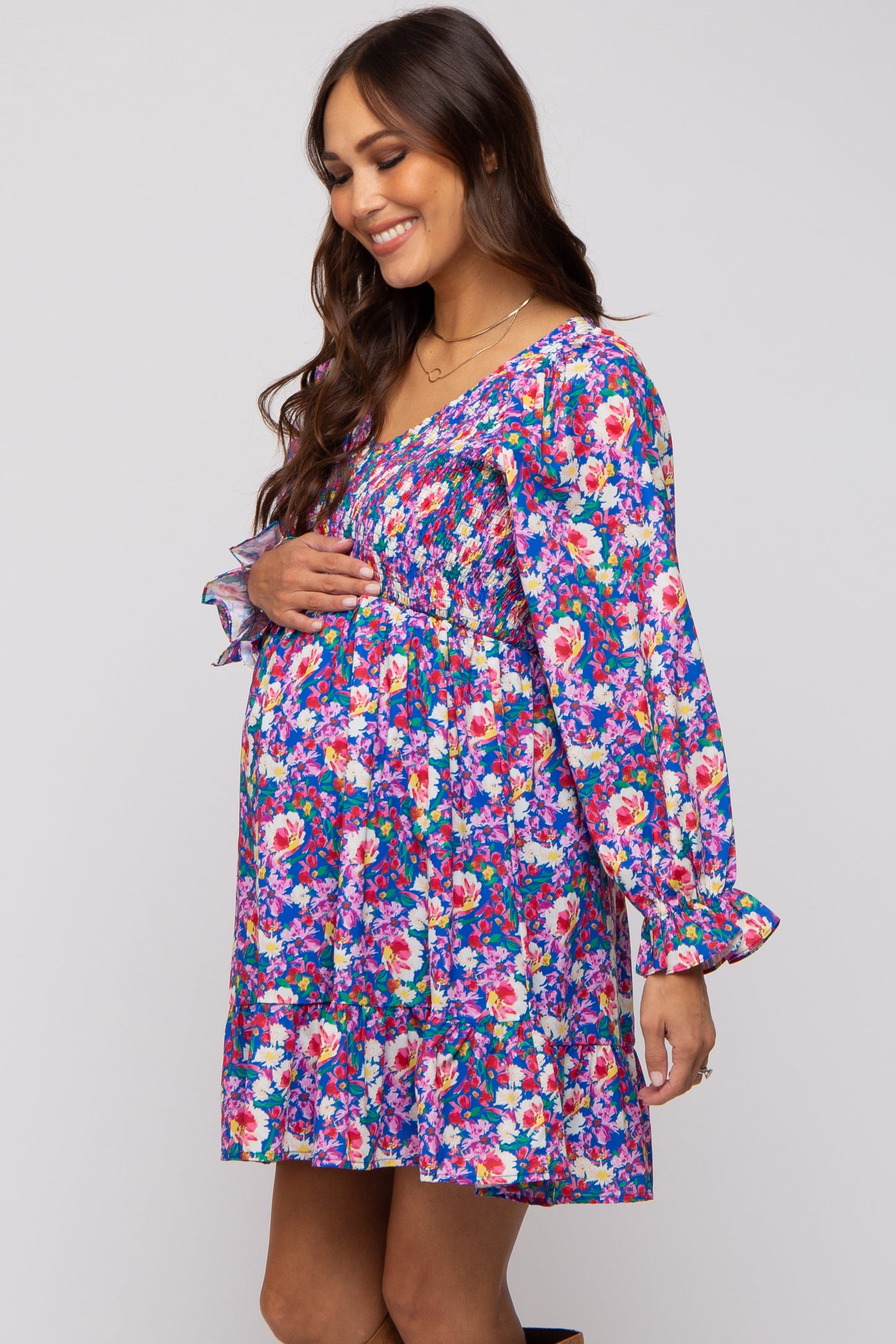 Royal Blue Floral Smocked V-Neck Maternity Dress