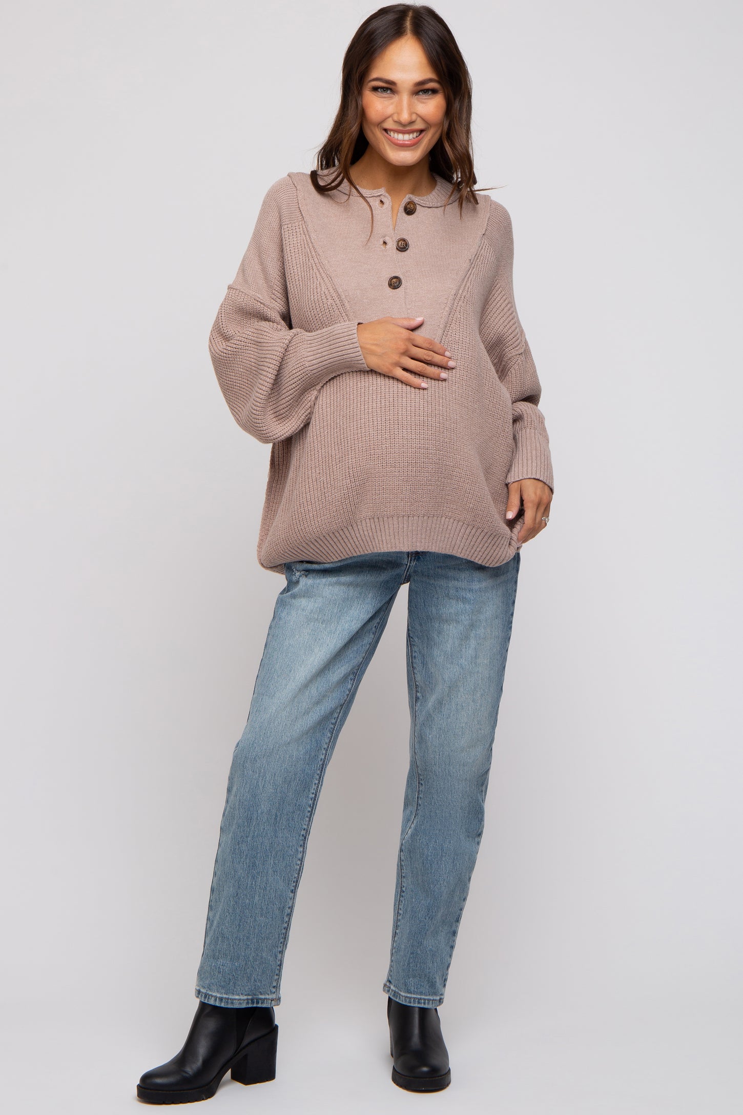 Beige Half Button Up Maternity Sweater