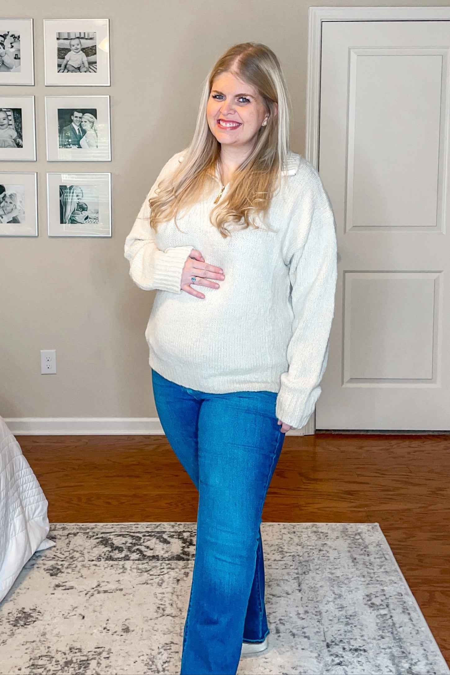 Cream Knit Zipper Maternity Pullover Sweater