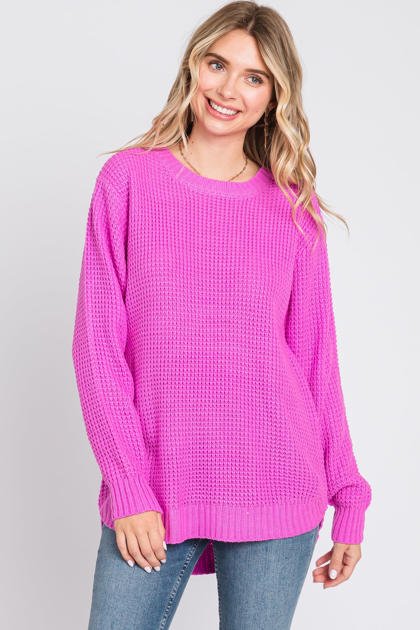 Pink Waffle Knit Round Hem Sweater