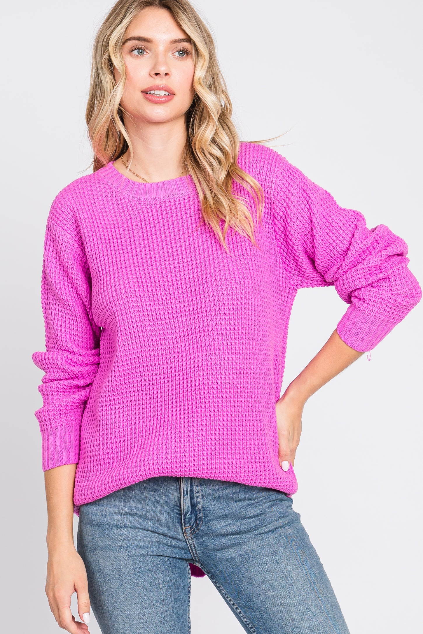 Pink Waffle Knit Round Hem Maternity Sweater