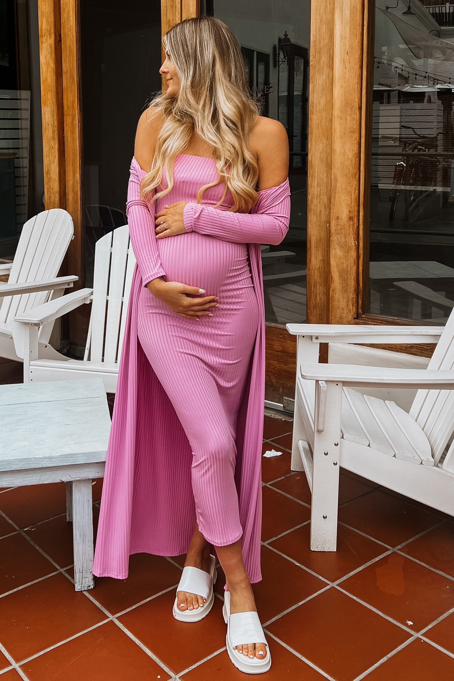 Pink Ribbed Sleeveless Dress Cardigan Maternity Set