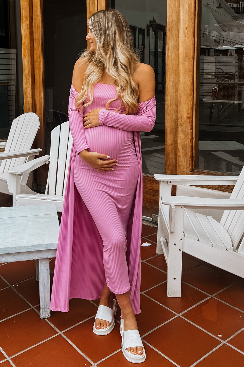 Pink Ribbed Sleeveless Dress Cardigan Maternity Set – PinkBlush