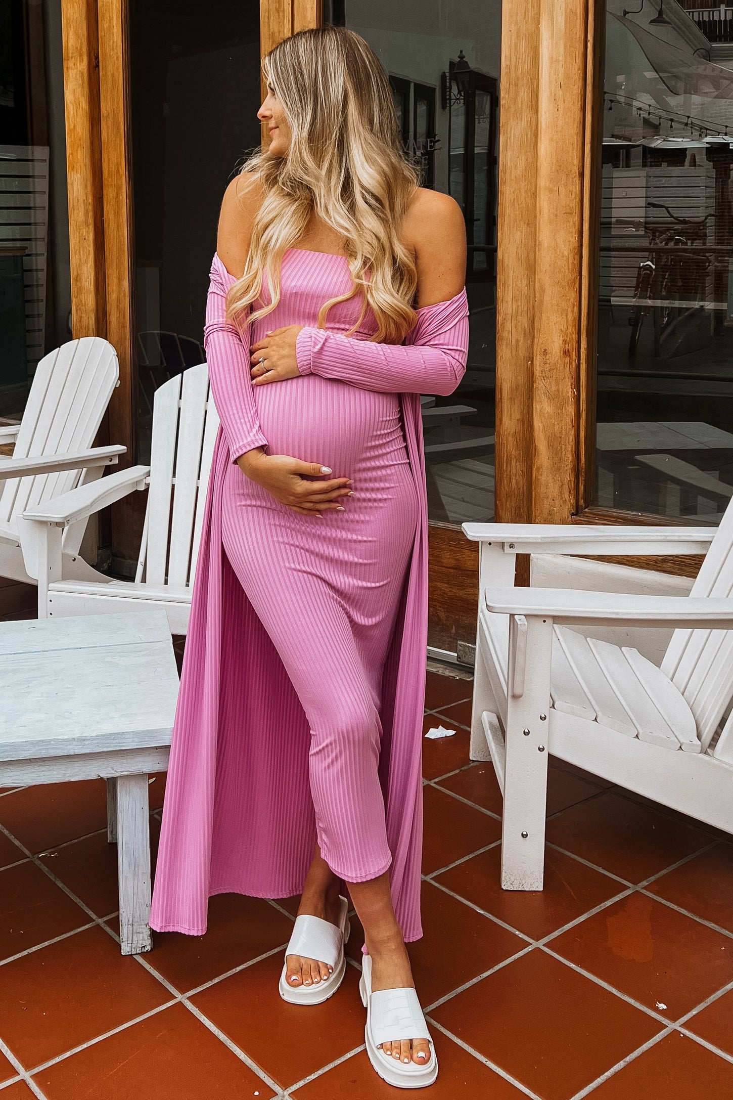 PinkBlush Pink Ribbed Sleeveless Dress Cardigan Maternity Set PinkBlush Pink Ribbed Sleeveless Dress Cardigan Maternity Set
