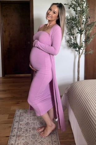 PinkBlush Pink Ribbed Sleeveless Dress Cardigan Maternity Set PinkBlush Pink Ribbed Sleeveless Dress Cardigan Maternity Set
