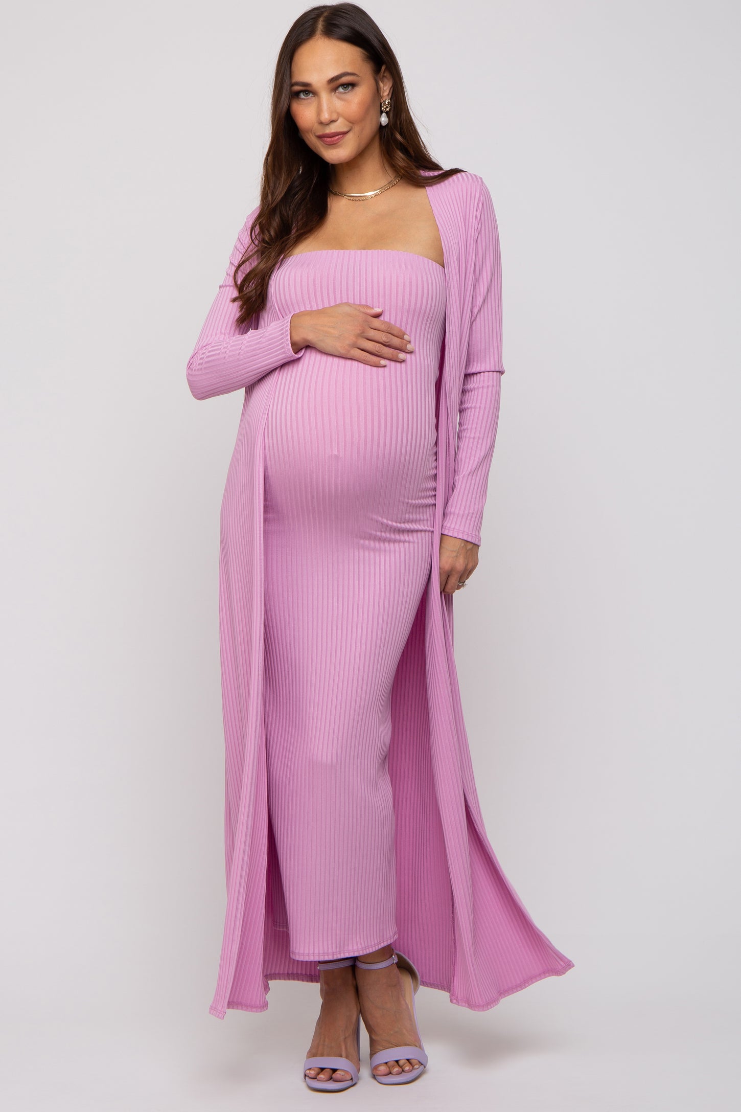 PinkBlush Pink Ribbed Sleeveless Dress Cardigan Maternity Set PinkBlush Pink Ribbed Sleeveless Dress Cardigan Maternity Set