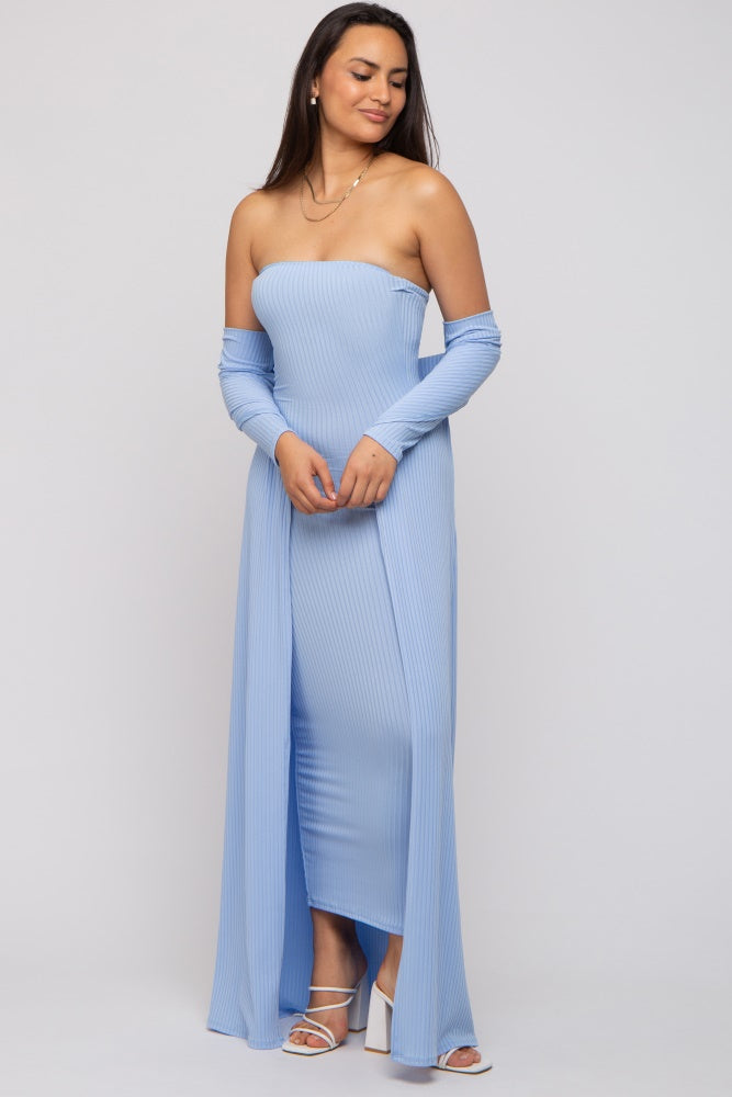 Light Blue Ribbed Sleeveless Dress Cardigan Set PinkBlush Light Blue Ribbed Sleeveless Dress Cardigan Set PinkBlush
