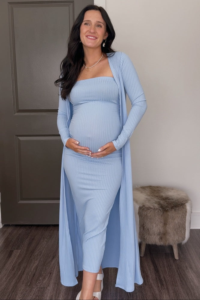 Light Blue Ribbed Sleeveless Dress Cardigan Maternity Set Medium