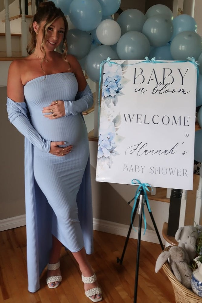 Light Blue Ribbed Sleeveless Dress Cardigan Maternity Set
