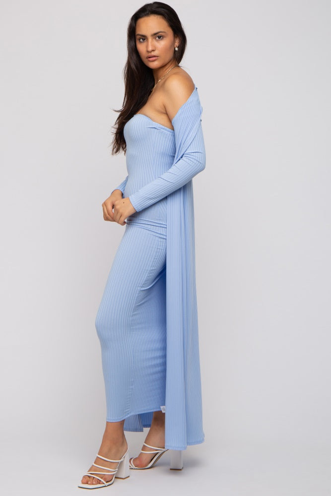 Light Blue Ribbed Sleeveless Dress Cardigan Set Light Blue Ribbed Sleeveless Dress Cardigan Set