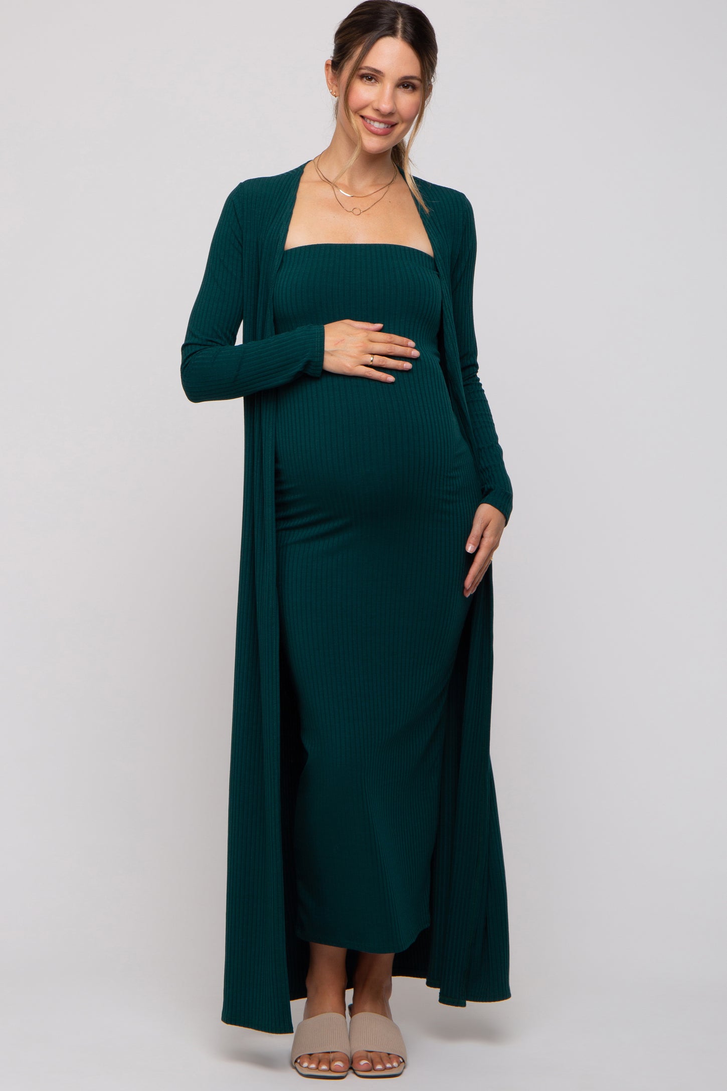 Forest Green Ribbed Sleeveless Dress Cardigan Maternity Set PinkBlush Forest Green Ribbed Sleeveless Dress Cardigan Maternity Set PinkBlush