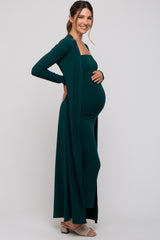 Forest Green Ribbed Sleeveless Dress Cardigan Maternity Set
