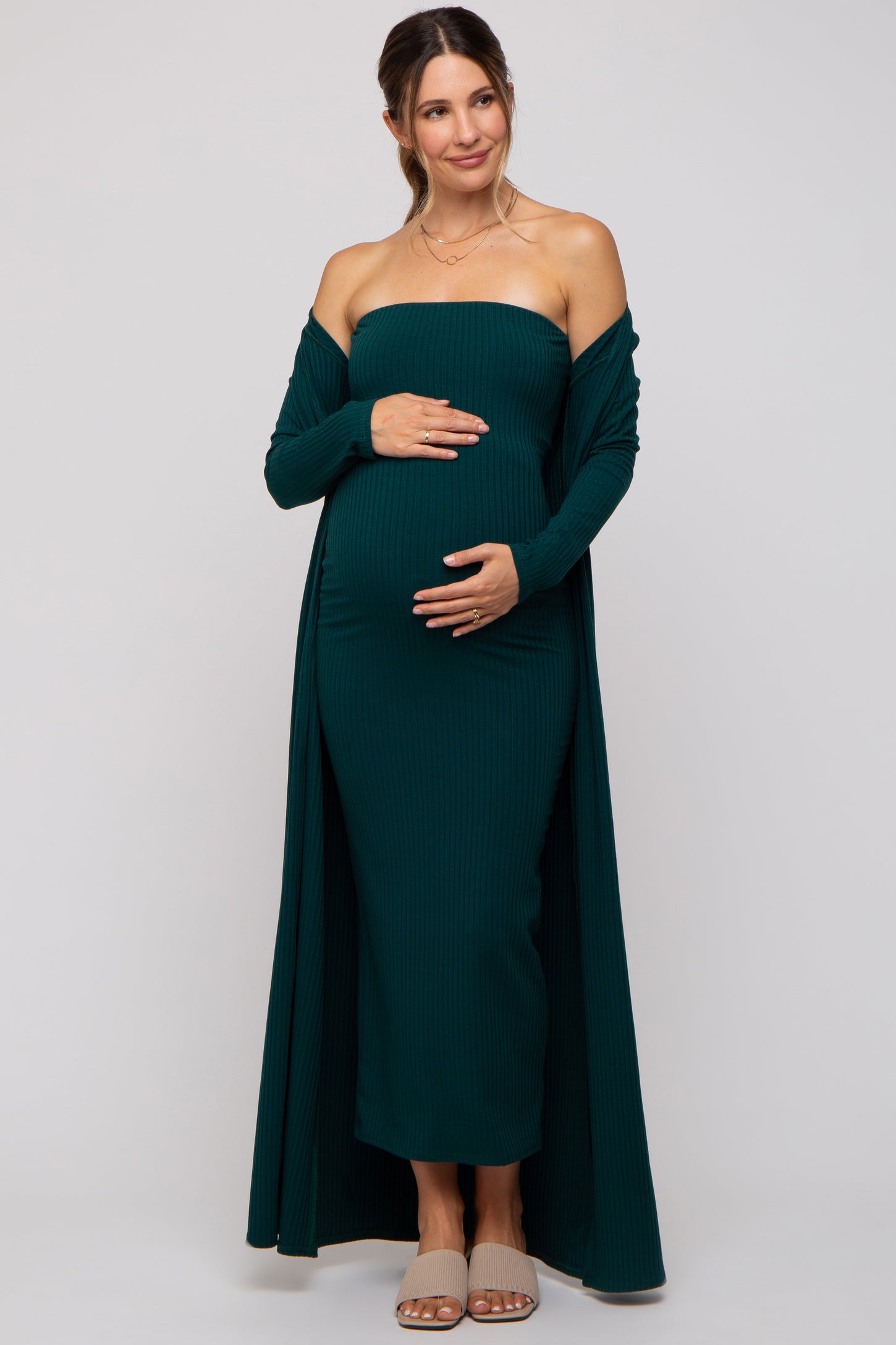 Forest Green Ribbed Sleeveless Dress Cardigan Maternity Set PinkBlush Forest Green Ribbed Sleeveless Dress Cardigan Maternity Set PinkBlush
