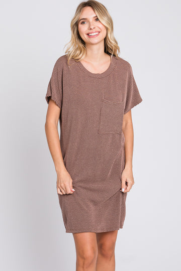 Taupe Ribbed Front Pocket Dolman Short Sleeve Dress