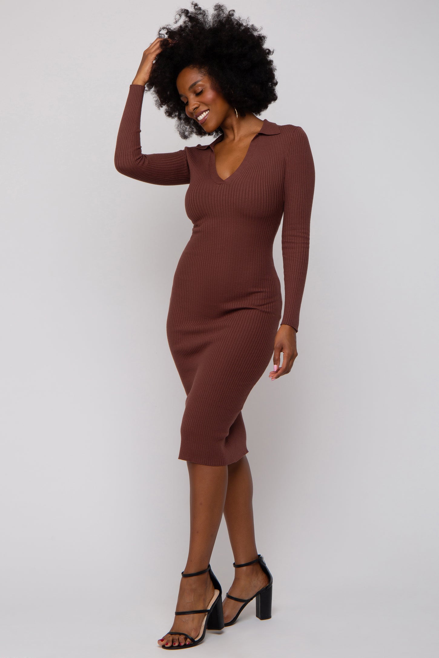 Brown Ribbed Knit Fitted Dress – PinkBlush
