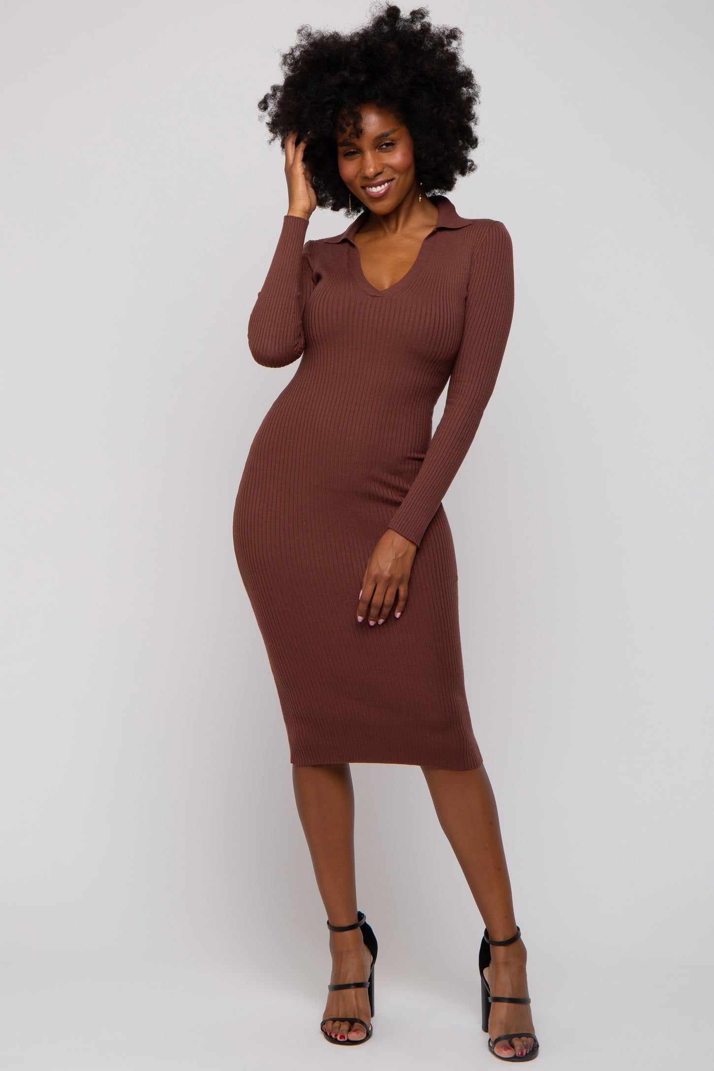 Brown Ribbed Knit Fitted Dress PinkBlush Brown Ribbed Knit Fitted Dress PinkBlush