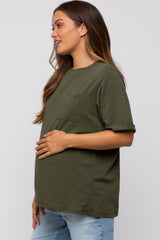 Green Oversized Pocket Front Short Sleeve Maternity Top