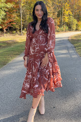 Brown Floral Chiffon Ruffle Tiered Midi Dress