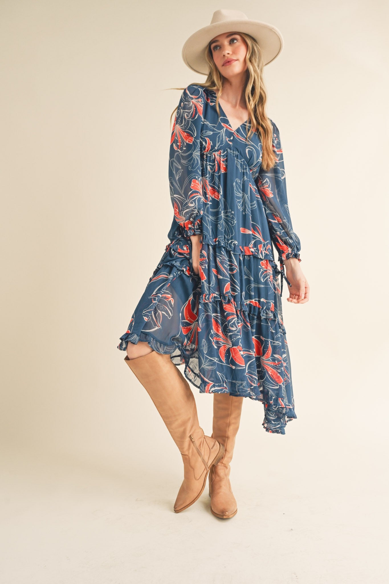 teal floral midi dress Dark Teal Floral Chiffon Ruffle Tiered Midi Dress