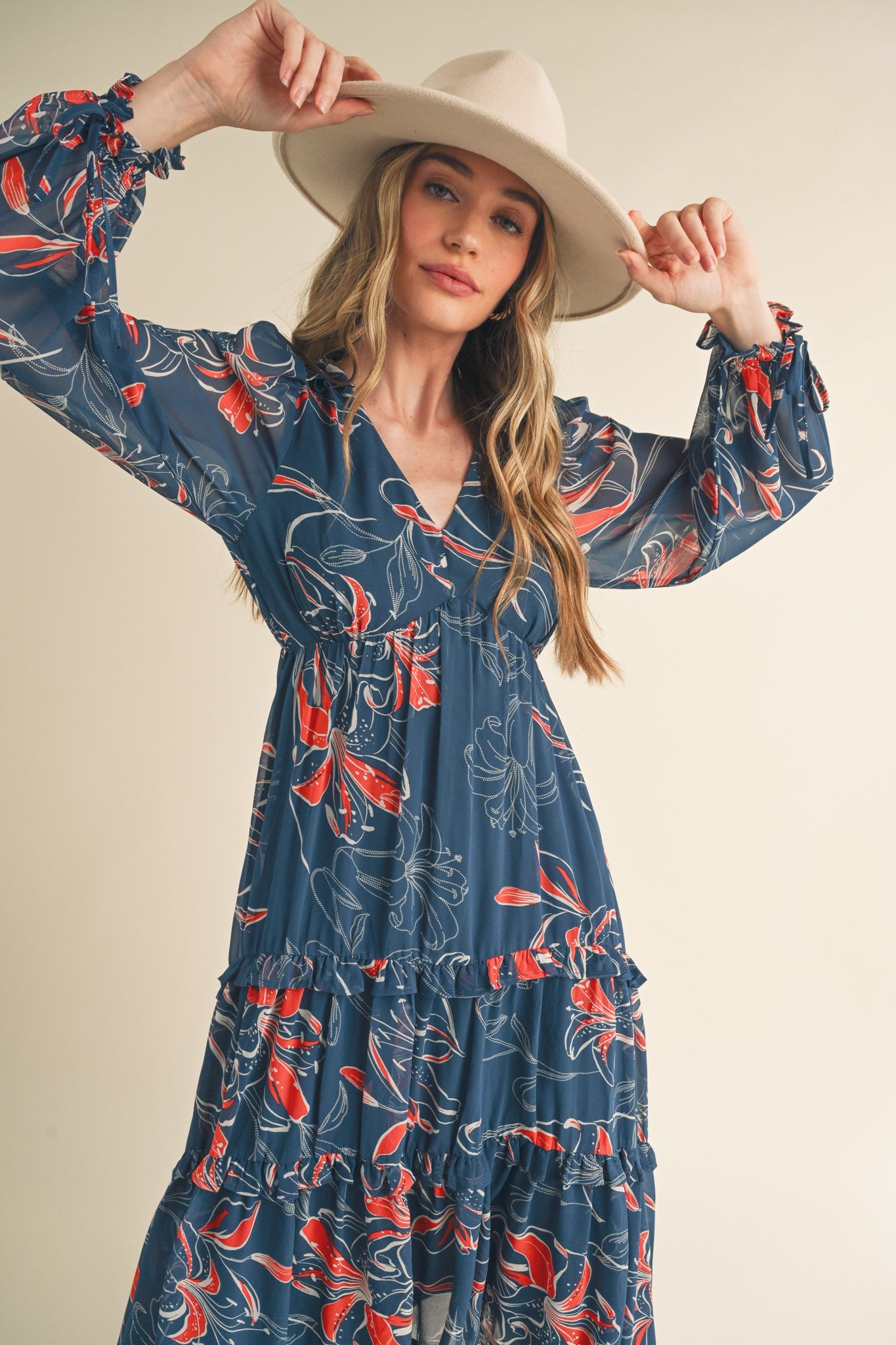 Dark Teal Floral Chiffon Ruffle Tiered Midi Dress Dark Teal Floral Chiffon Ruffle Tiered Midi Dress