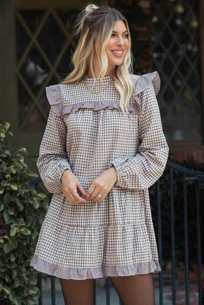 Taupe Ruffle Trim Tiered Skirt Mini Dress – PinkBlush