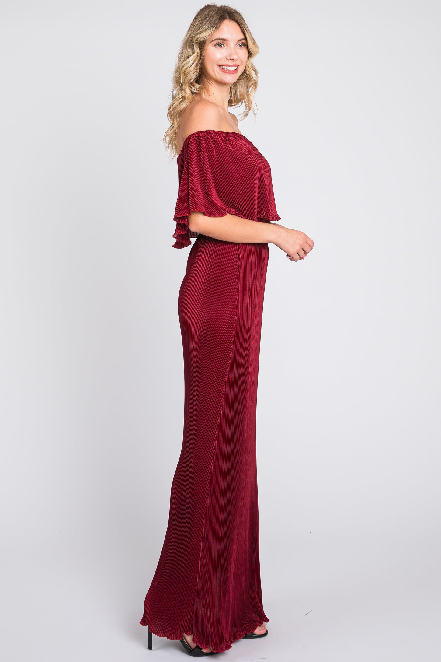 Burgundy Pleated Ruffle Off Shoulder Maxi Dress PinkBlush Burgundy Pleated Ruffle Off Shoulder Maxi Dress PinkBlush
