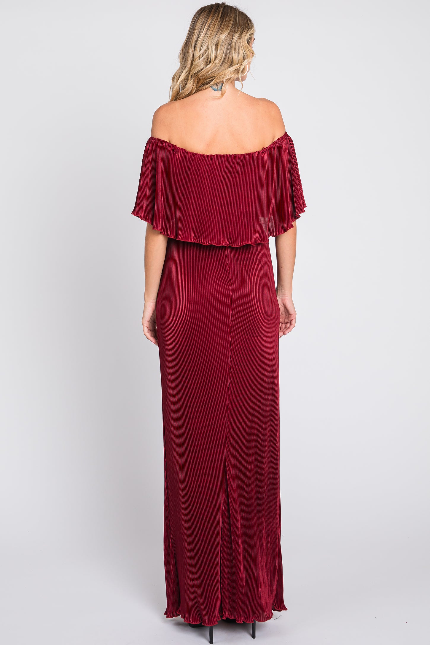 Burgundy Pleated Ruffle Off Shoulder Maxi Dress PinkBlush Burgundy Pleated Ruffle Off Shoulder Maxi Dress PinkBlush