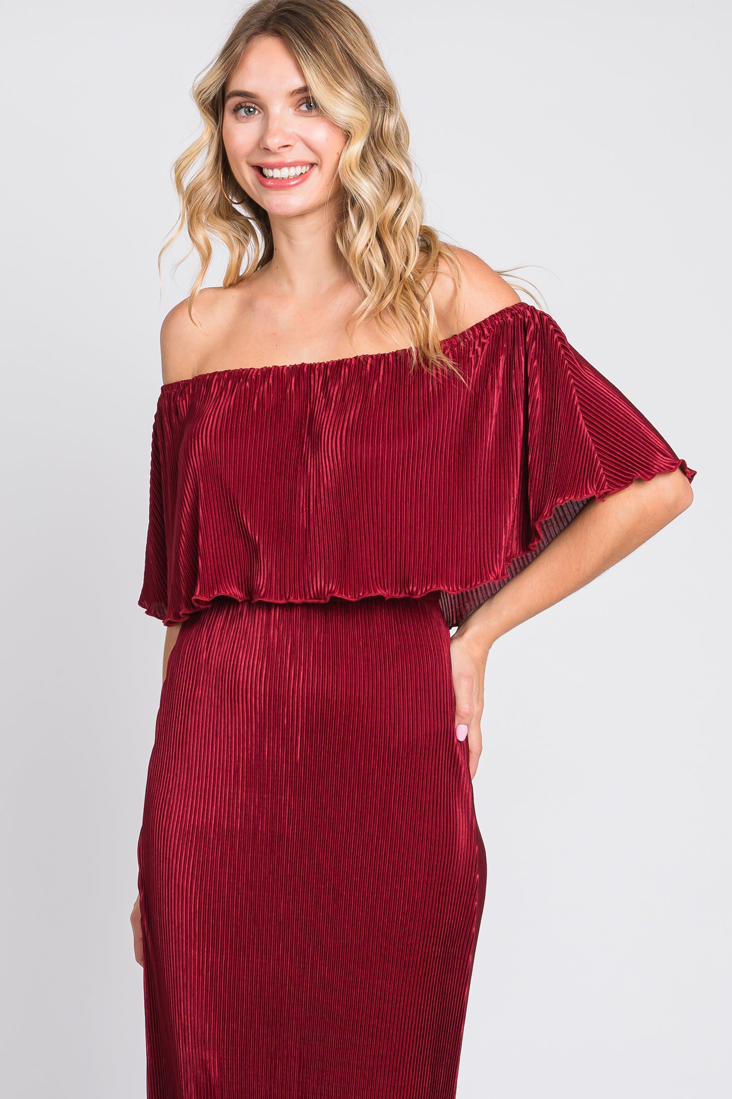 Burgundy Pleated Ruffle Off Shoulder Maxi Dress Burgundy Pleated Ruffle Off Shoulder Maxi Dress