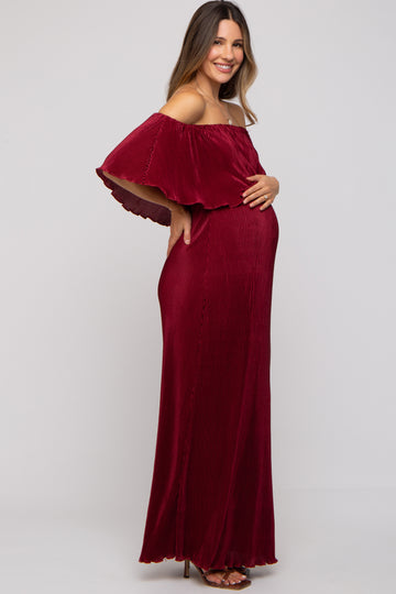 Burgundy Pleated Ruffle Off Shoulder Maternity Maxi Dress