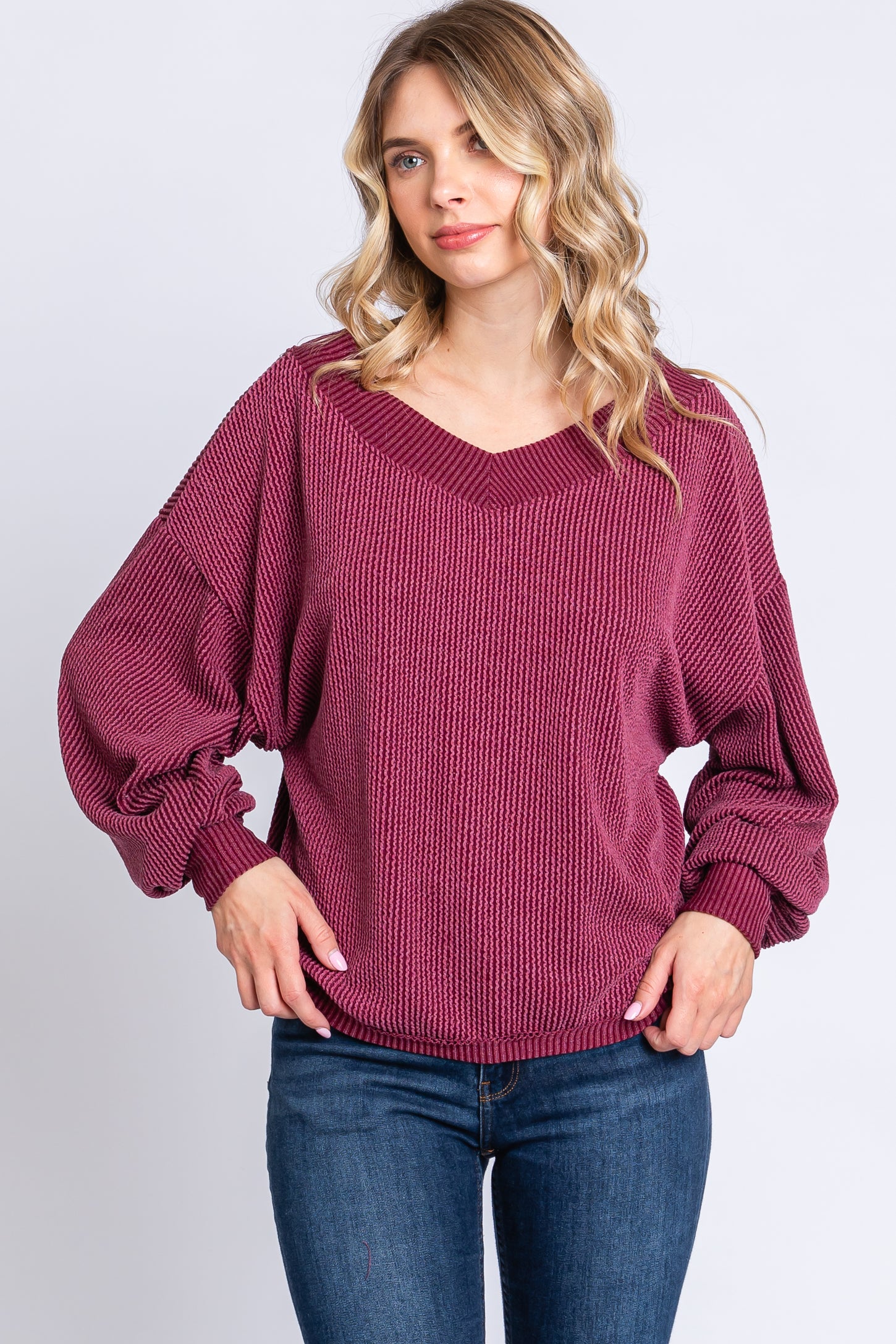 Burgundy Ribbed V-Neck Cropped Maternity Sweater