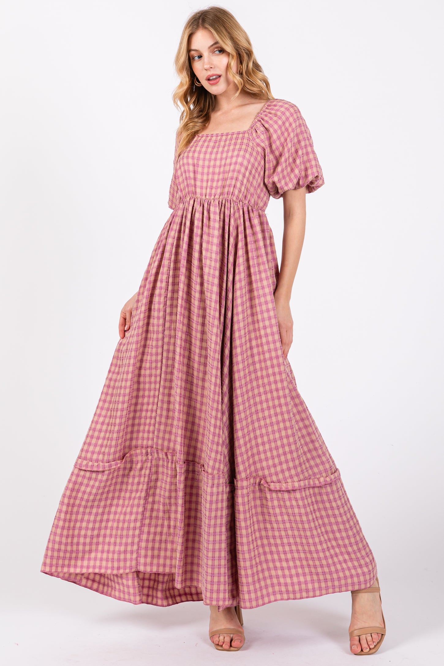 pink plaid maternity dress Pink Plaid Front Tie Sleeveless Maternity Maxi Dress